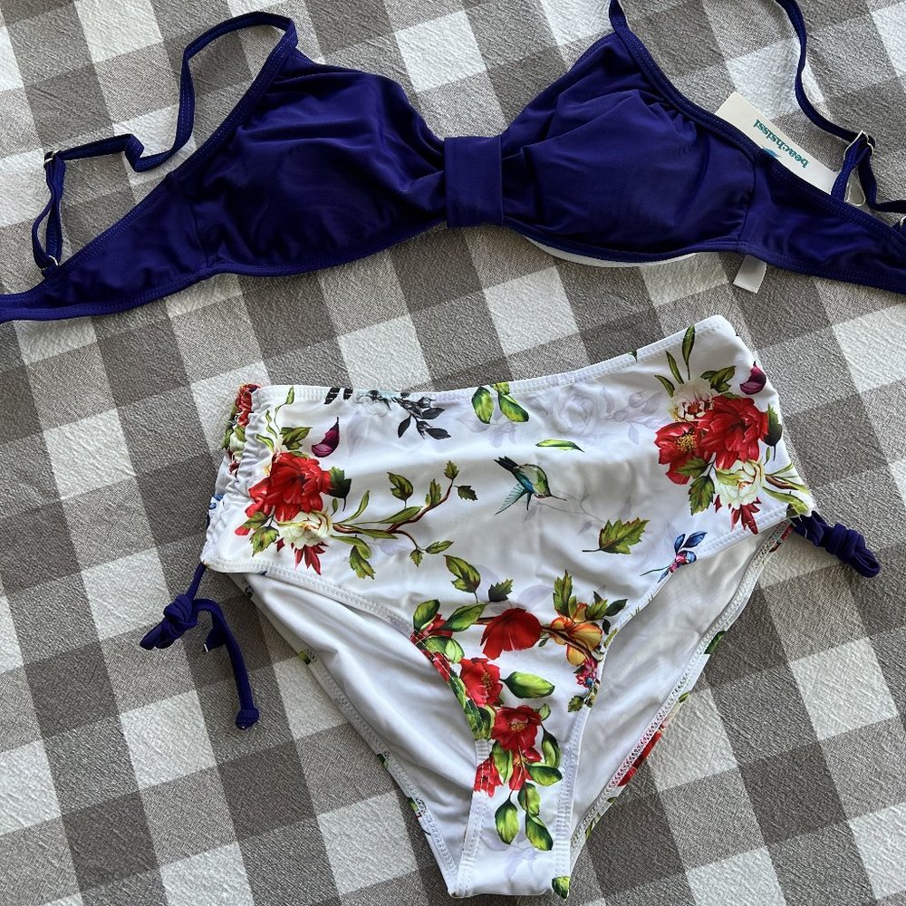 Blue Top, Floral High Wist Bikini- M